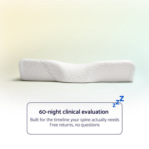 Dosaze contoured orthopedic pillow side profile with 60-night clinical evaluation graphic